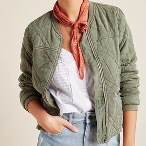 Anthropologie Sandie Quilted Floral Green Bomber Jacket Womens Sz S (4/6) Floral